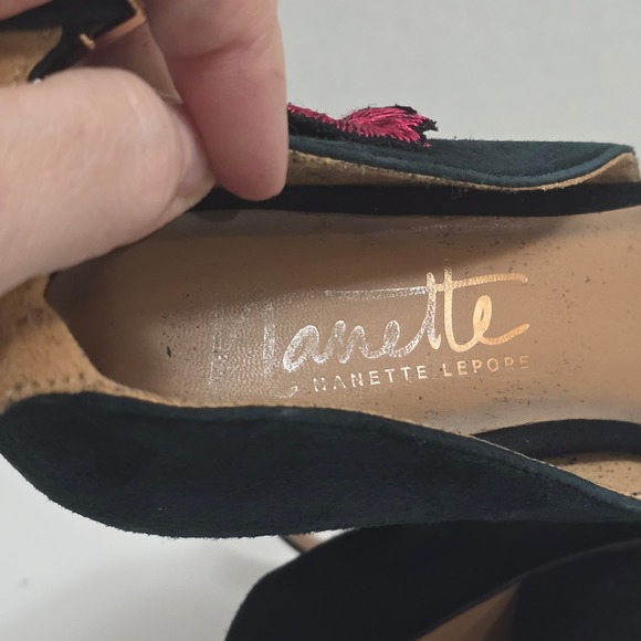 Nanette Lepore Black Suede Embroidered Block Heel Ankle Strap Sandals Women's - Picture 9 of 10